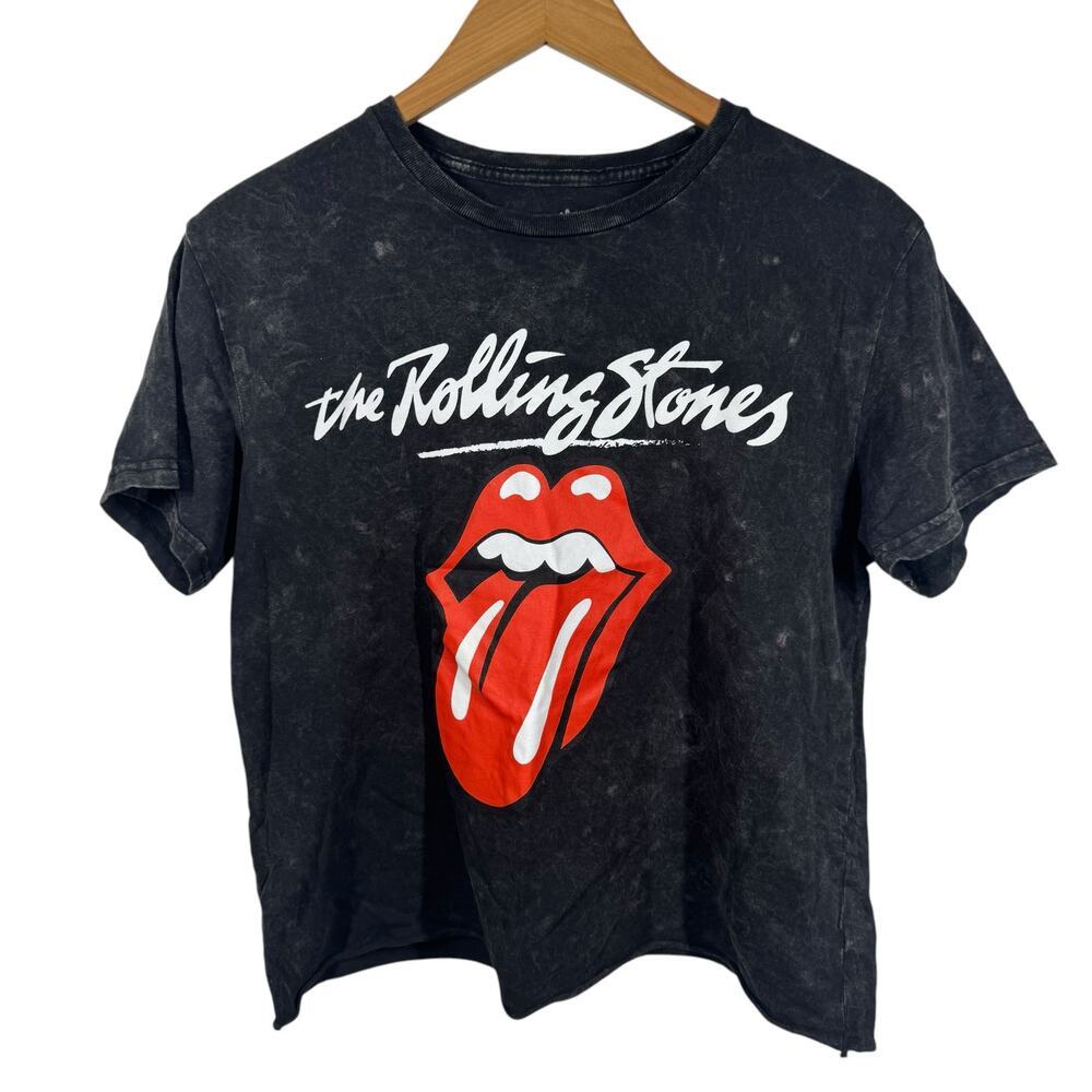 The Rolling Stones Graphic T-Shirt Women Size L Black Cropped Cotton Concert Top